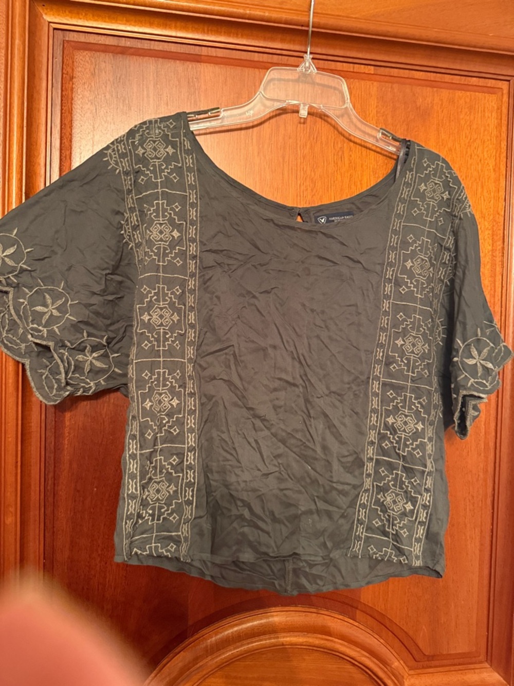 American Eagle Outfitters Black Embroidered Short Sleeve Top